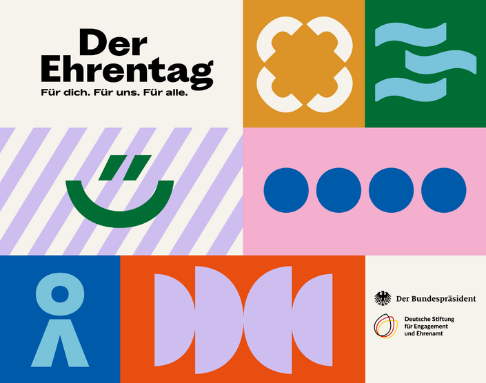 Grafik mit dem Logo des Bundespräsidenten und dem Logo der DSEE. Text: Der Ehrentag. Für dich. Für uns. Für alle.