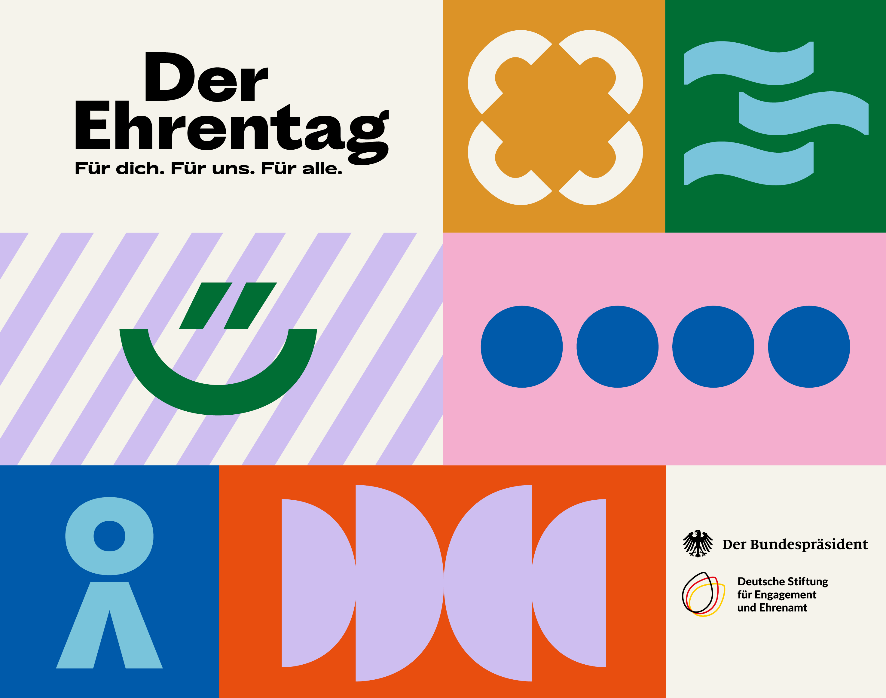 Grafik mit dem Logo des Bundespräsidenten und dem Logo der DSEE. Text: Der Ehrentag. Für dich. Für uns. Für alle.