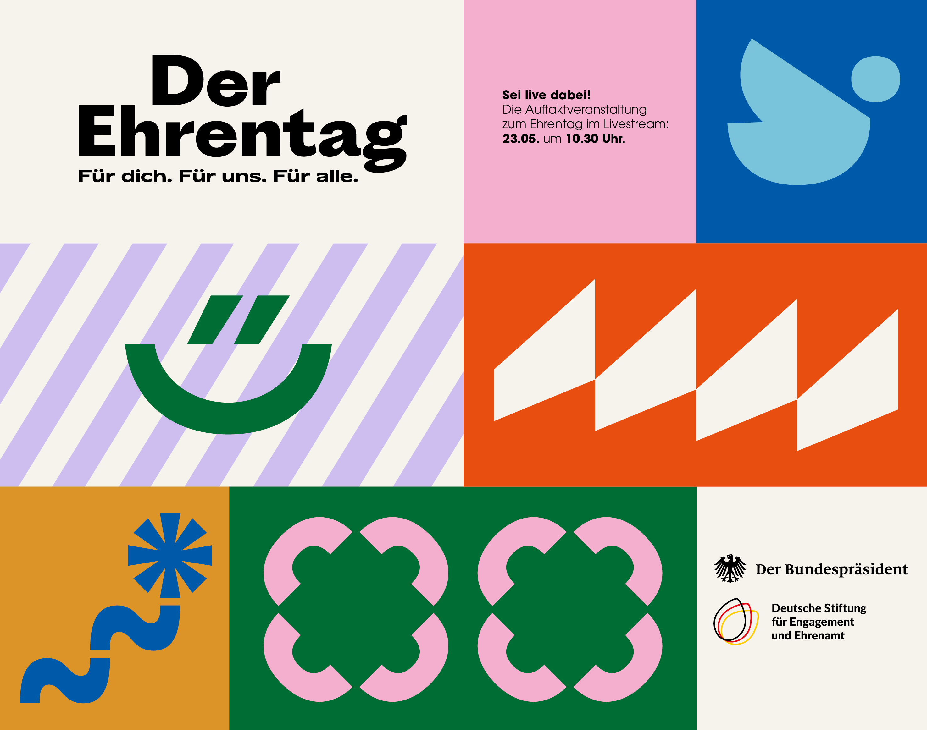 Grafik mit dem Logo des Bundespräsidenten und dem Logo der DSEE. Text: Der Ehrentag. Für dich. Für uns. Für alle. Sei live dabei! Die Auftaktveranstaltung im Livestream: 23.05. um 10:30