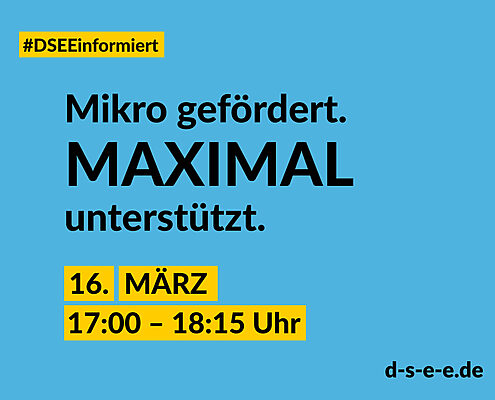 Text: DSEE informiert: Mikro gefördert. Maximal unterstützt. 16. März, 17:00–18:15 Uhr