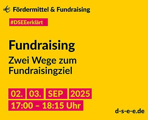 Grafik mit dem Text: DSEE erklärt Fördermittel und Fundraising. Fundraising: Zwei Wege zum Fundraisingziel. 02./03.09.2025, 17:00 – 18:15 Uhr, d-s-e-e.de