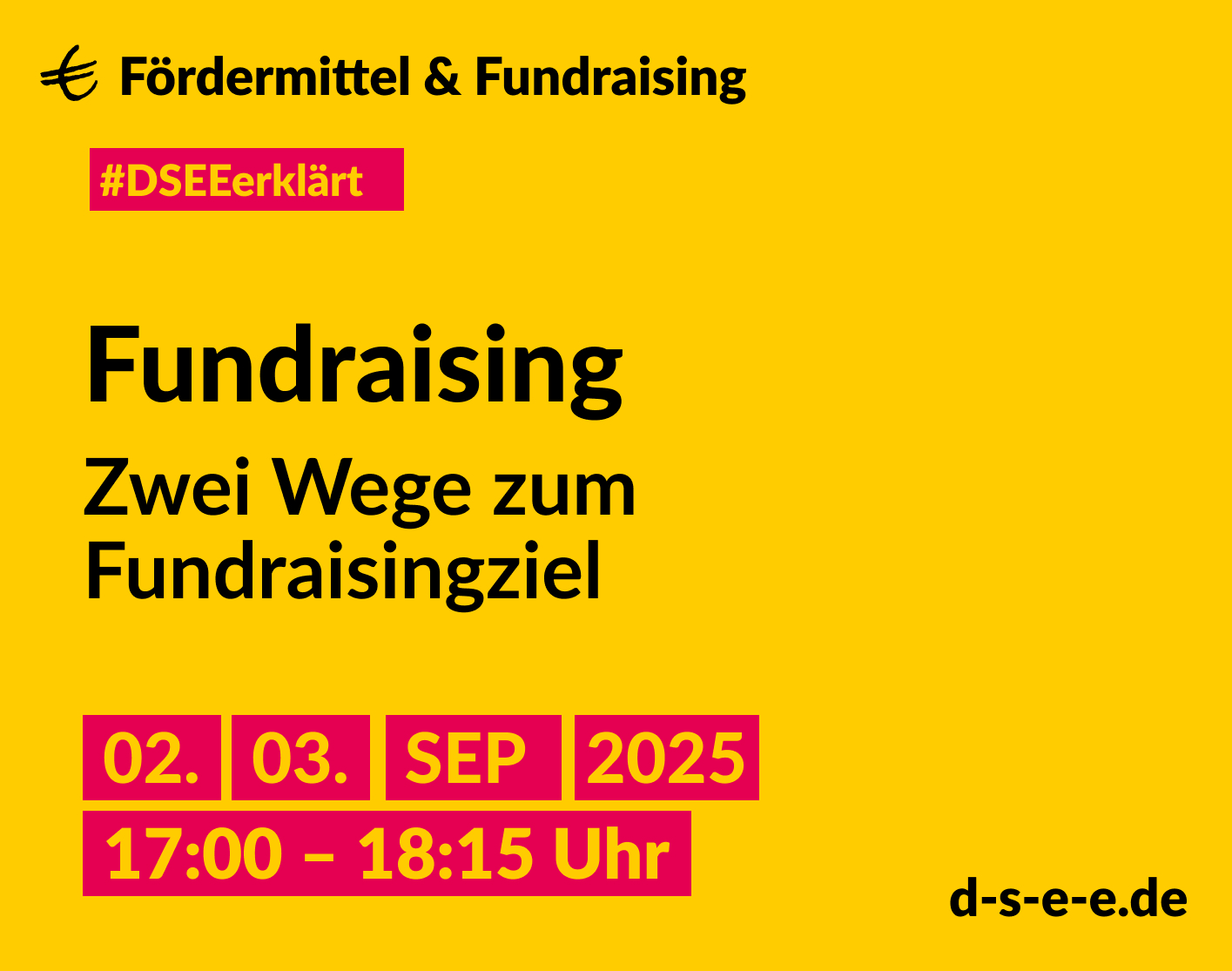Grafik mit dem Text: DSEE erklärt Fördermittel und Fundraising. Fundraising: Zwei Wege zum Fundraisingziel. 02./03.09.2025, 17:00 – 18:15 Uhr, d-s-e-e.de