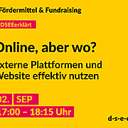 Grafik mit dem Text: DSEE erklärt Fördermittel und Fundraising. Online, aber wo? Externe Plattformen und Website effektiv nutzen. 02.09.2025, 17:00-18:15 d-s-e-e.de