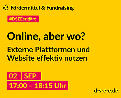 Grafik mit dem Text: DSEE erklärt Fördermittel und Fundraising. Online, aber wo? Externe Plattformen und Website effektiv nutzen. 02.09.2025, 17:00-18:15 d-s-e-e.de