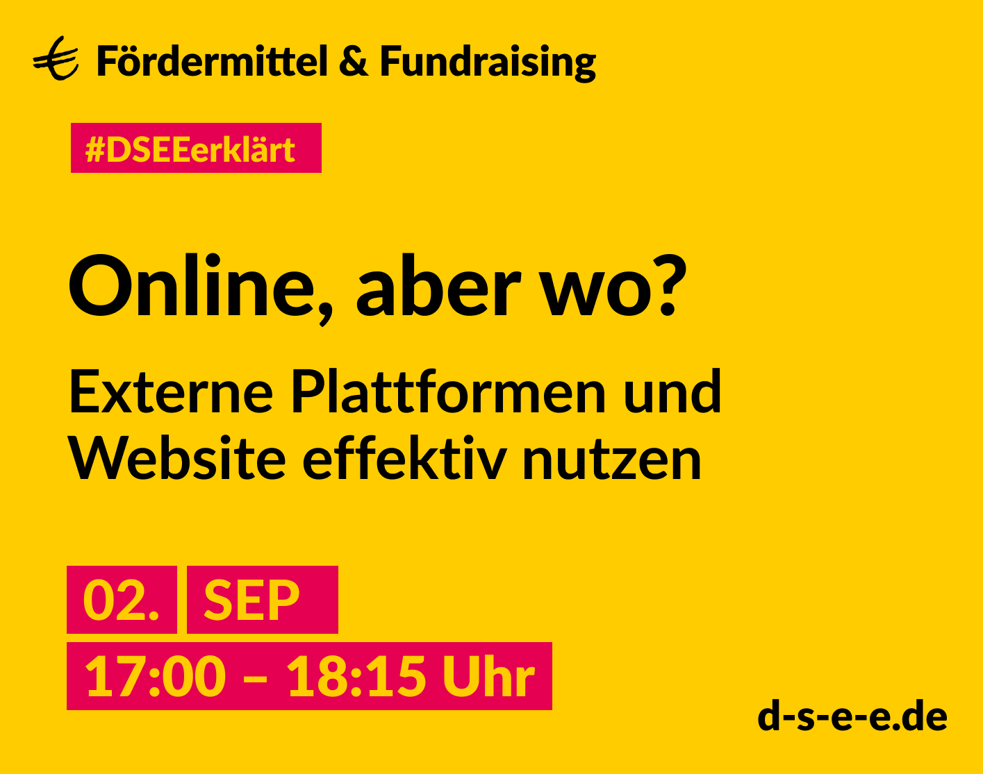 Grafik mit dem Text: DSEE erklärt Fördermittel und Fundraising. Online, aber wo? Externe Plattformen und Website effektiv nutzen. 02.09.2025, 17:00-18:15 d-s-e-e.de
