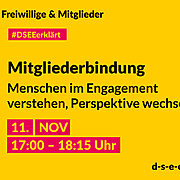 Grafik mit dem Text: DSEE erklärt Freiwillige und Mitglieder: Menschen im Engagement verstehen, Perspektive wechseln. 11. NOV, 17:00–18:15 Uhr. d-s-e-e.de