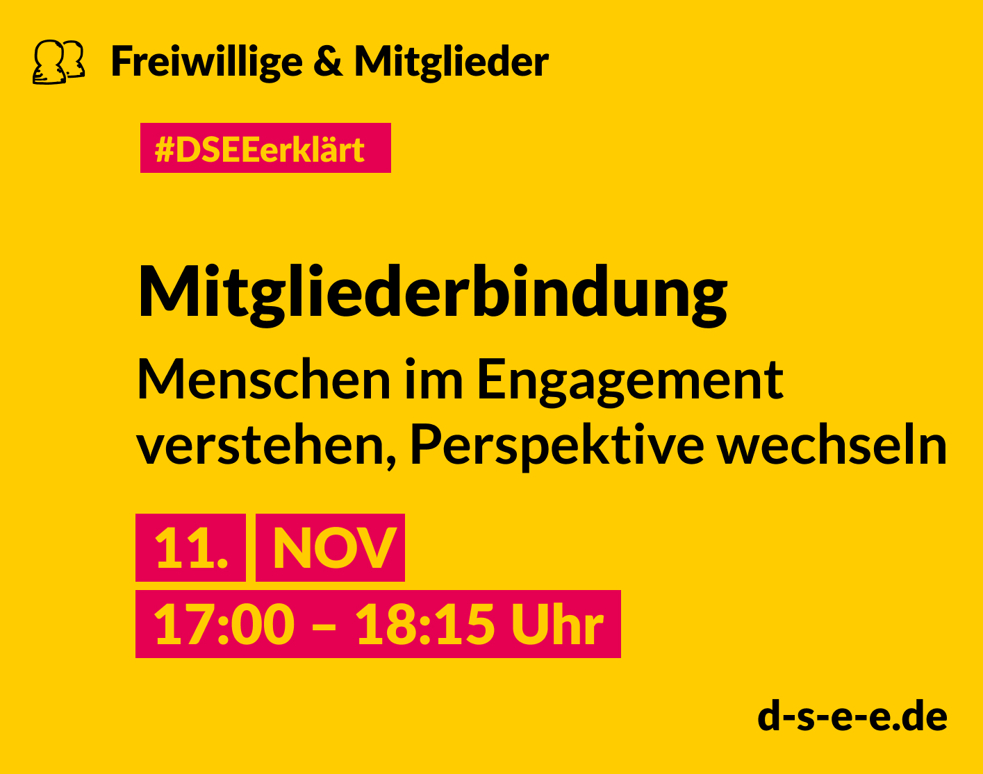 Grafik mit dem Text: DSEE erklärt Freiwillige und Mitglieder: Menschen im Engagement verstehen, Perspektive wechseln. 11. NOV, 17:00–18:15 Uhr. d-s-e-e.de