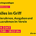 Grafik mit dem Text: DSEE erklärt Rechtsgrundlagen: Alles im Griff – Einnahmen, Ausgaben und Ausnahmen im Verein. 29. Okt 17:00–18:15 Uhr. d-s-e-e.de