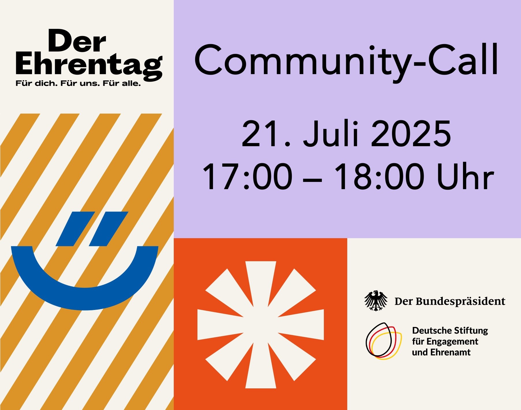 Grafik zum Ehrentag mit dem Text: Community-Call am 21. Juli 2025 von 17 bis 18 Uhr