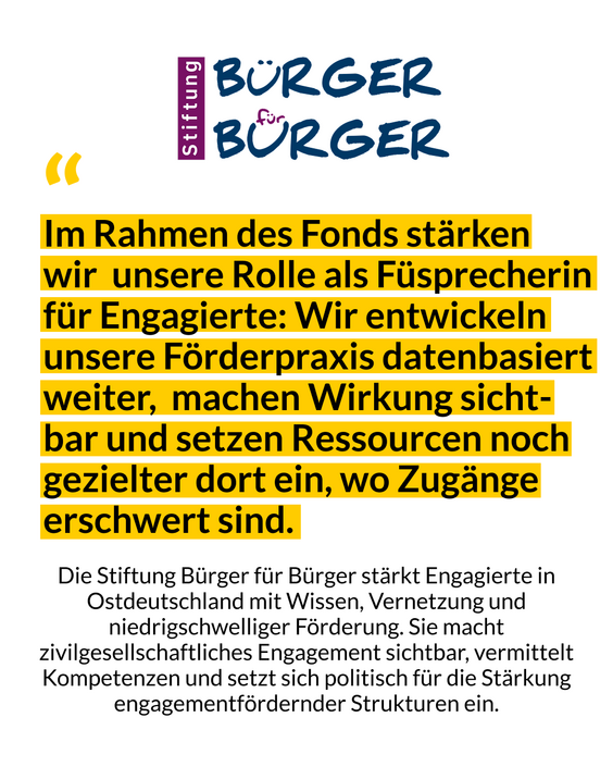 Das Bild zeigt ein Zitat von der Stiftung Bürger für Bürger mit den Worten: Im Rahmen des fonds stärken wir unsere Rolle als Fürsprecherin für Engagierte: wir entwickeln unsere Förderpraxis datenbasiert weiter, machen Wirkung sichtbar und setzen Ressourcen noch gezielter dort ein, wo Zugänge erschwert sind.