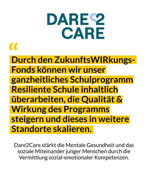 Das Bild zeigt ein Zitat von Dare2Care mit den Worten: Durch den ZukunftsWIRkungs-Fonds können wir unser ganzheitliches Schulprogramm Resiliente Schule inhaltlich überarbeiten, die Qualität und Wirkung des Programms steigern und dieses in weitere Standorte skalieren.