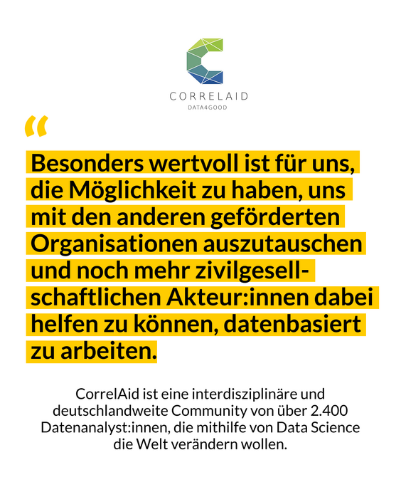Das Bild zeigt ein Zitat von CorrelAid mit den Worten: Besonders wertvoll ist für uns, die Möglichkeit zu haben, uns mit den anderen geförderten Organisationen auszutauschen und noch mehr zivilgesellschaftlichen Akteur:innen dabei helfen zu können, datenbasiert zu arbeiten.
