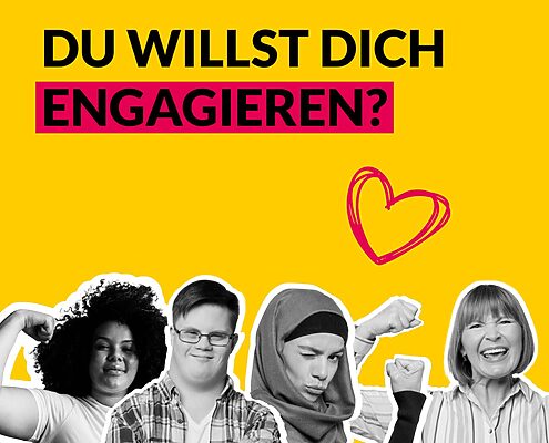 Grafik mit vier Menschen und dem Text "Du willst dich engagieren?"