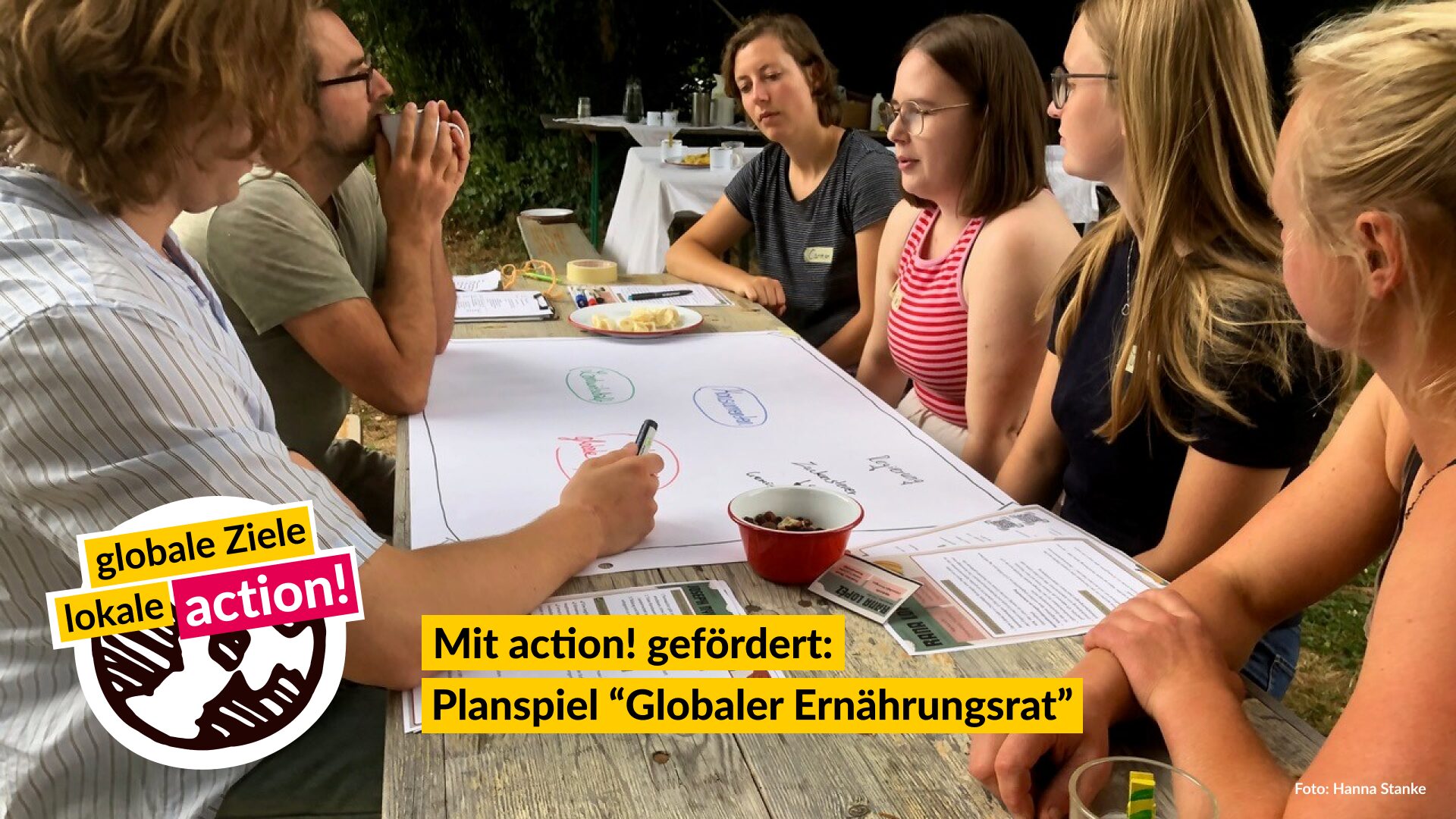 Gruppe junger Menschen sitzt im Freien an einem Holztisch und arbeitet an einem großen Papierbogen; Stifte, Notizen und Snacks liegen bereit. Gelbes Banner mit Text: „Mit action! gefördert: Planspiel ‚Globaler Ernährungsrat‘“. Links ein Logo „globale Ziele, lokale action!“.