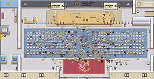 Digitale Konferenzsituation in einem virtuellen Raum, gestaltet im Pixel-Art-Stil. Die Szene zeigt eine große Veranstaltungshalle mit einer Bühne im oberen Bereich, auf der mehrere Avatare stehen – darunter Moderatorinnen und Sprecherinnen. Über der Bühne sind zwei Banner mit dem Logo der „Deutschen Stiftung für Engagement und Ehrenamt“ (DSEE) und dem Titel der Veranstaltung „ARÜGWA 6 – 03.12.2024“ zu sehen. Der Publikumsbereich ist dicht mit virtuellen Avataren besetzt, die jeweils mit individuellen Namen gekennzeichnet sind. Einige Sitzplätze sind leer. Am unteren Bildrand befindet sich ein roter Teppich mit einem Wappen, vor dem sich weitere Avatare versammelt haben – vermutlich für ein Gruppenfoto oder einen Austausch. Die grafische Darstellung simuliert eine hybride oder komplett digitale Veranstaltung in einer spielerisch gestalteten Online-Umgebung.