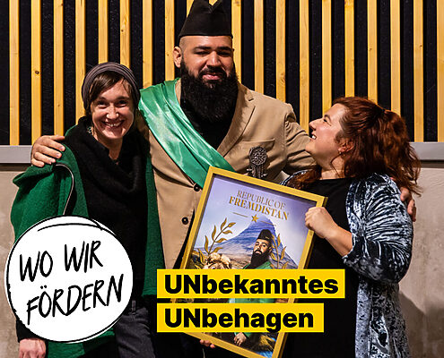 Gruppenfoto mit Nadja Müller de Ossio, Abbas Obaid und Jana Gigl Text: Wo Wir Fördern: UNbekanntes UNbehagen