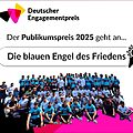 Grafik mit dem Logo des Deutschen Engagementpreises und dem Text: Der Publikumspreis 2025 geht an die blauen Engel des Friedens