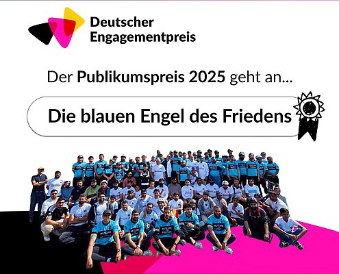 Grafik mit dem Logo des Deutschen Engagementpreises und dem Text: Der Publikumspreis 2025 geht an die blauen Engel des Friedens