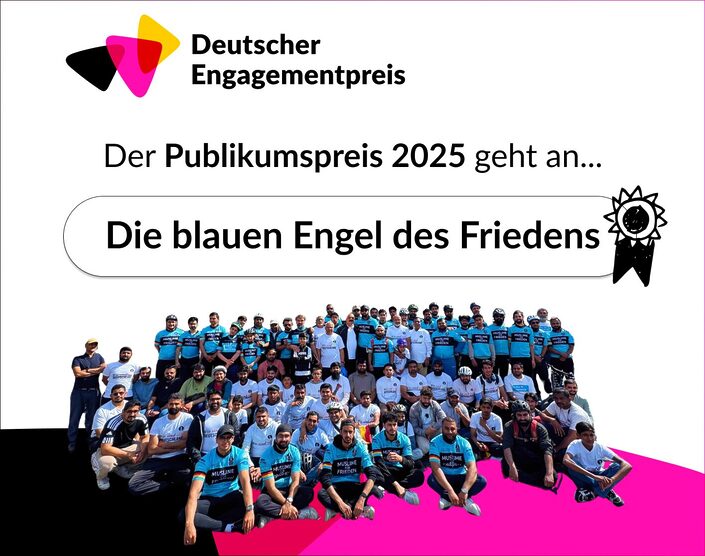Grafik mit dem Logo des Deutschen Engagementpreises und dem Text: Der Publikumspreis 2025 geht an die blauen Engel des Friedens