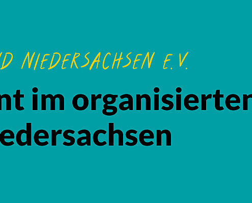 „Grafik mit türkisfarbenem Hintergrund. Oben links steht der Hashtag ›EngagiertGeforscht‹. Darunter in gelber handschriftlicher Schrift ›Landessportbund Niedersachsen e. V.‹. Zentral in großer schwarzer Schrift: ›Engagement im organisierten Sport in Niedersachsen‹. Unten links ein gelbes Feld mit schwarzer Schrift ›Studienbericht‹. Rechts ist eine stilisierte gelbe Glühbirne als Symbol für Ideen dargestellt.“