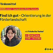 Gelbe Werbegrafik für ein kostenloses Online-Seminar zum Thema Fördermittel. Überschrift: ‚Find ich gut – Orientierung in der Förderlandschaft‘. Im unteren Bereich ein rundes Porträtfoto einer Frau. Textangaben: mit Friederike Vorhof, Termin 17. Februar 2026 von 17:00 bis 18:15 Uhr. Website: d-s-e-e.de.