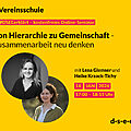 Gelbe Werbegrafik für ein kostenloses Online-Seminar der ‘Vereinsschule’ mit dem Titel ‘Von Hierarchie zu Gemeinschaft – Zusammenarbeit neu denken’. Abgebildet sind zwei Frauen in runden Porträtfotos. Textangaben: mit Lena Glemser und Heike Kraack-Tichy, Termin 14. Januar 2026 von 17:00 bis 18:15 Uhr. Website: d-s-e-e.de.