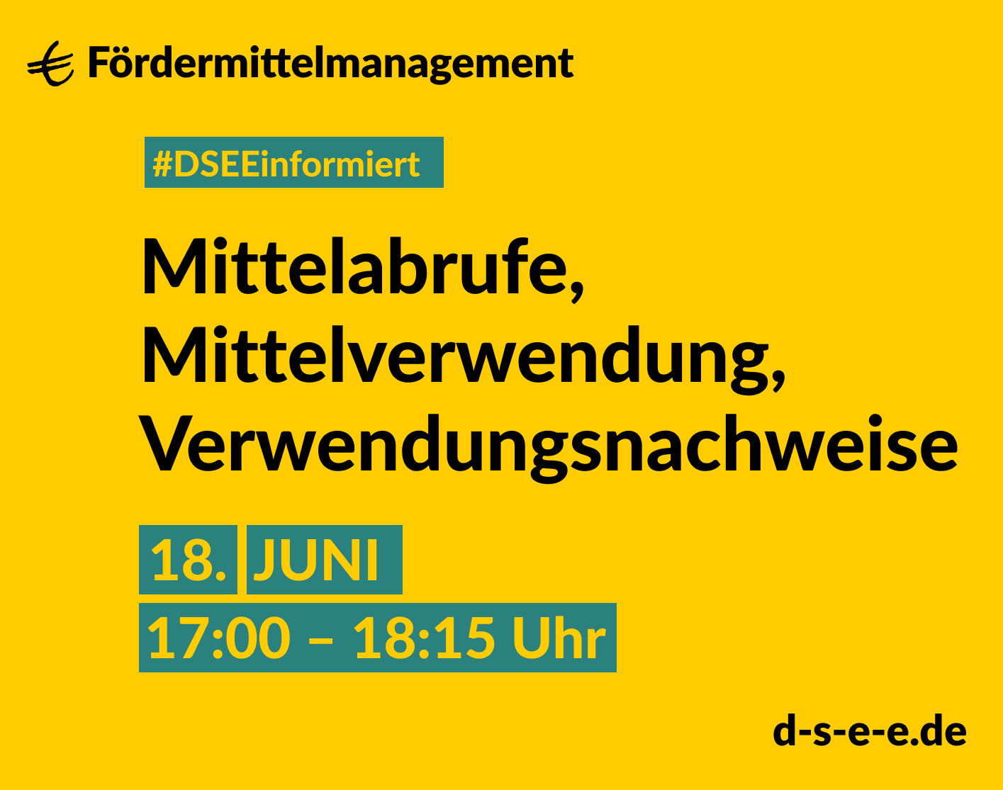 DSEE informiert Fördermittelmanagement: Mittelabrufe, Mittelverwendung, Verwendungsnachweise. 18. Juni, 17:00–18:15 Uhr