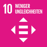 SDG 10: Piktogramm mit Pfeilen und Gleichheitszeichen, Text: „Weniger Ungleichheiten“ auf pinkem Hintergrund.