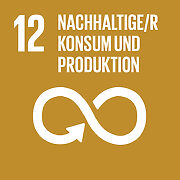 SDG 12: Piktogramm eines Unendlichkeitszeichens mit Pfeil, Text: „Nachhaltige/r Konsum und Produktion“ auf ockerfarbenem Hintergrund.